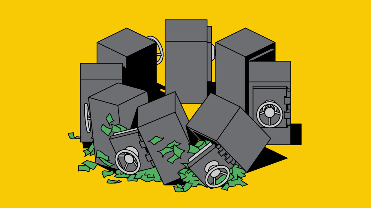 An illustration of multiple safes arranged in a circle, toppling into one another like dominoes, with banknotes spilling out as they fall.