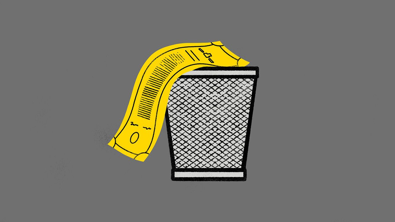 An illustration of bond on top of a paper bin. The bond is yellow and in the shape of a wave, like Donald Trump's hair.