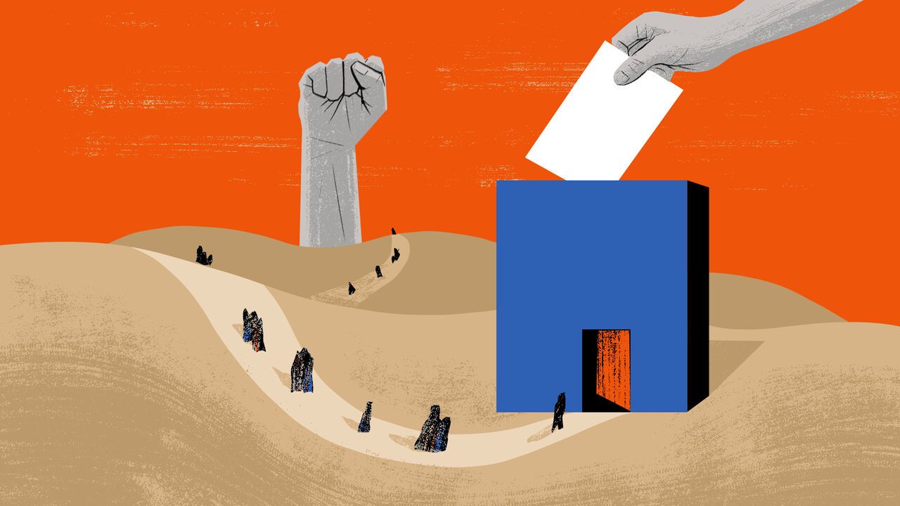 An illustration of people going from a ballot box to a wrist held in the air, on a widing road.