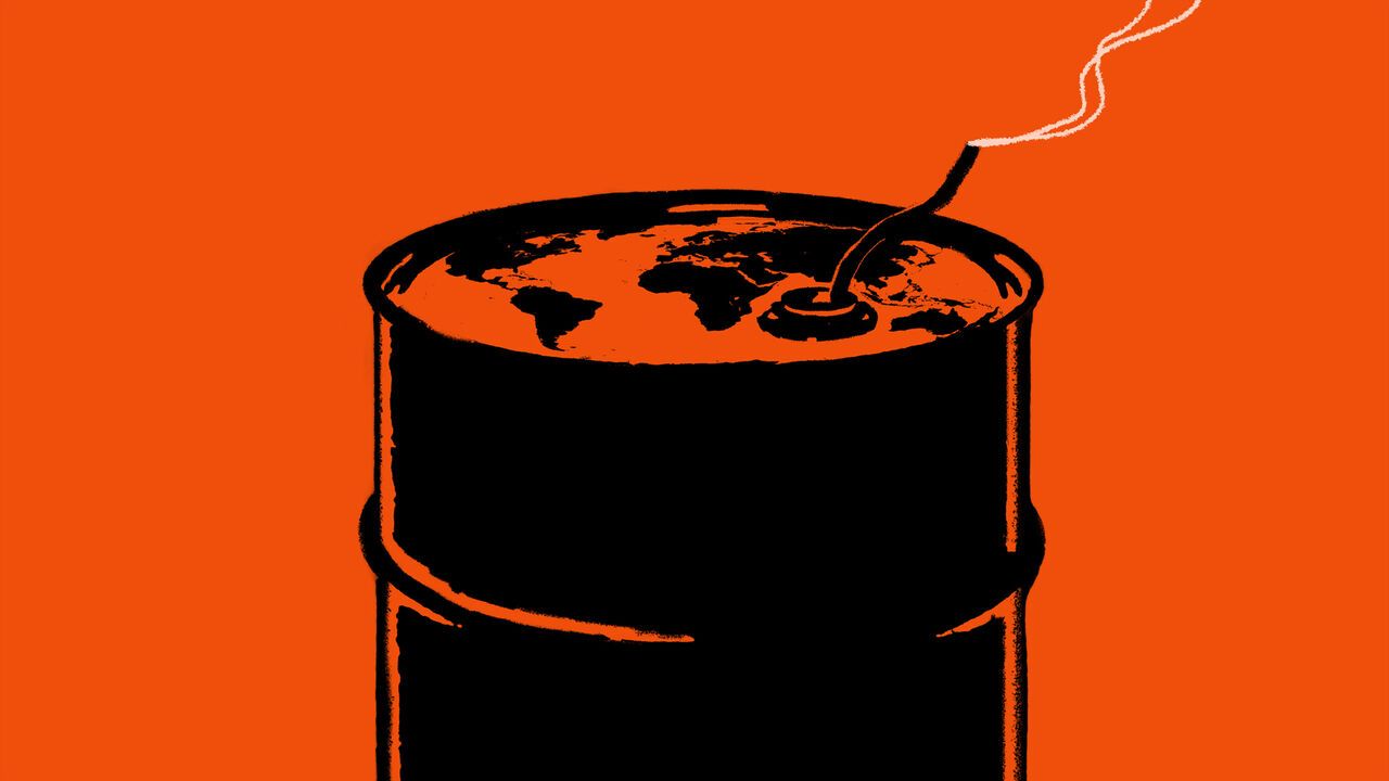 Illustration of an oil barrel with a map of the world on top, with a wick coming out of it that looks like it's been lit but just gone out