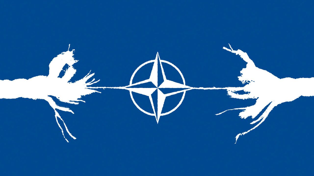 Illustration of a rope fraying that's hanging on by a thread with the NATO symbol in the middle